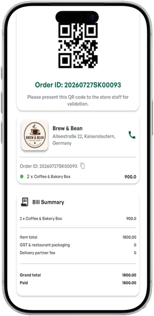 The SastaKhana app pickup screen with a QR code to show the store