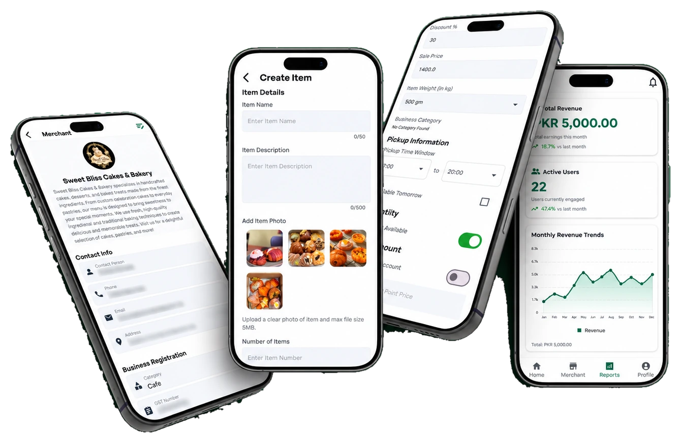 Four screens of the SastaKhana business app: business profile, create item, price and pickup window, and revenue report